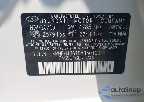 2014 Hyundai Azera Gls/Limited из США, поврежденный, VIN KMHFH4JG1EA350109